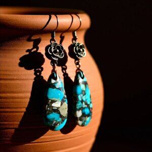 Sea Sediment Jasper & Copper Flower Dangle Earrings - Ultra Feminine + Alluring